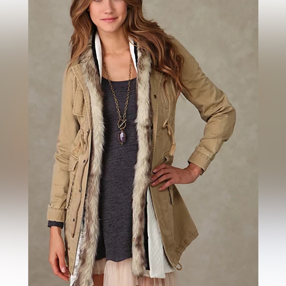 Free People Khaki Tan Faux-Fur Trim Utility Parka